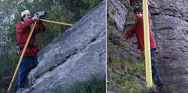 Left: Technician on rock outcrop looking through a level. Right: Technician on rock outcrop holding a levelling rod