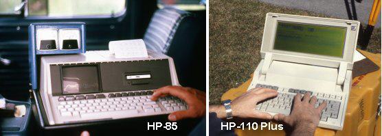 Left: Portable computer HP-85 in use. Right: Portable computer HP-110 Plus in use