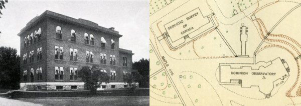Left: outside view of the Geodetic Survey building Right: Top view sketch of building location 