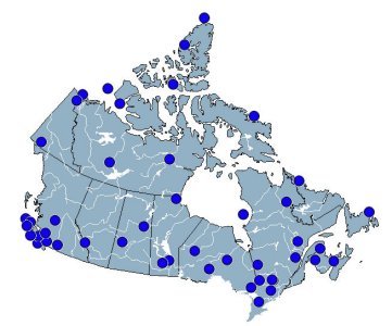 Map of the outline of Canada with locations of CACS stations as blue dots.