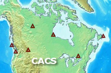 Map of Canada with red triangle indicating the location of the 7 first CACS stations