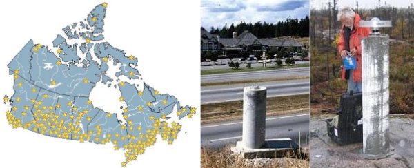 Left: Map of Canada with yellow symbols showing locations of CBN pillars. Mostly located along southern Canada. Right: Completed pillar on roadside and technician doing a GPS survey on a pillar