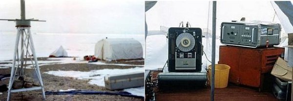 Left: Doppler on a tripod with tents in the background.  Right: Doppler control station in a tent