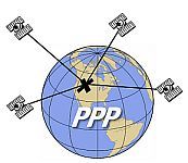 A globe with the outline of the Americas with the latitude and longitude lines depicted.  4 satellites hover with converging lines to one point marked by an X with the acronym PPP