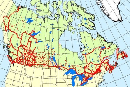 Map of levelling extent across Canada. Most survey lines are in southern Canada