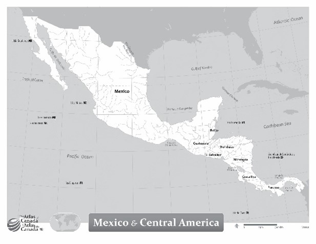 Map of Mexico and Central America with Names