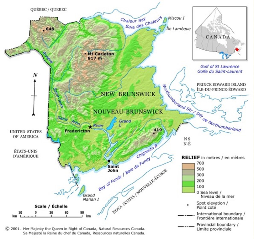 Map of New Brunswick Relief