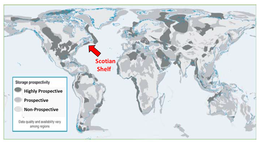 Map showing the Scotian Shelf in a Highly Prospective area for geological storage of CO2