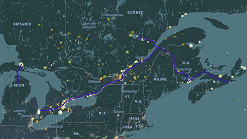 Map showing conceptualized transport network of carbon dioxide from points in southern Ontario and Quebec to Nova Scotia