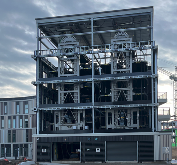 Vertical parking tower: One of four parking towers at West 5 Community in London, Ontario