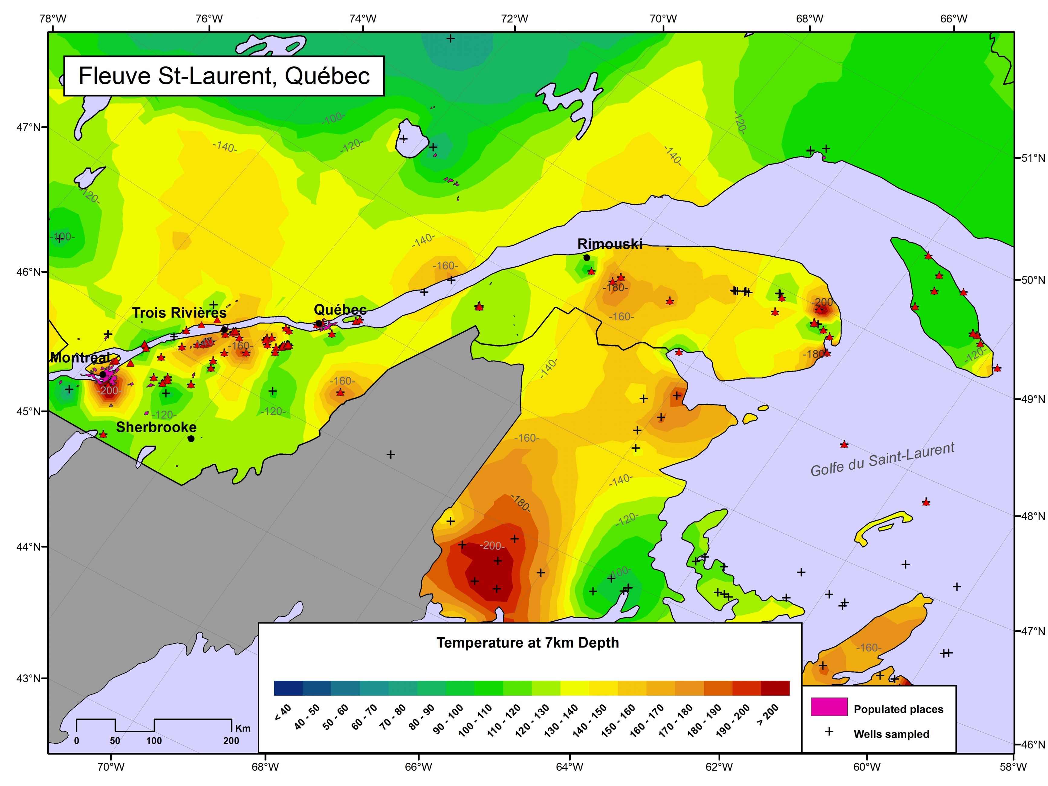 Map of temperatures at a 7 km depth along the St. Lawrence River valley