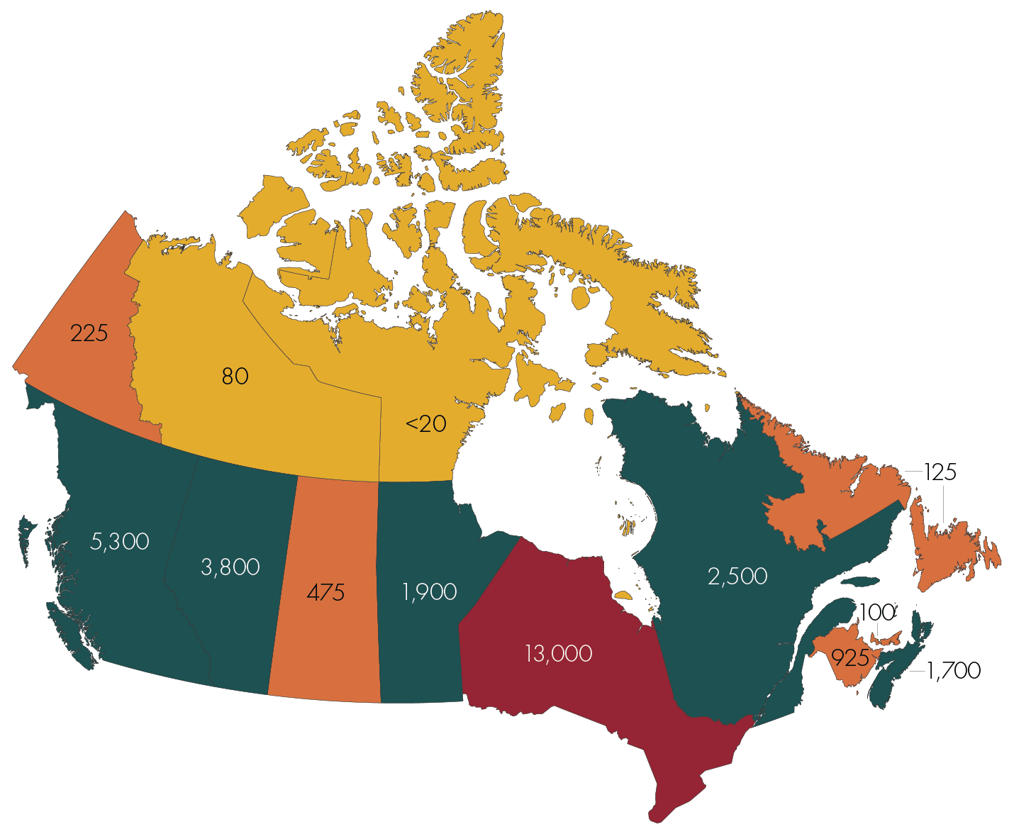 Map of Canada with numbers displayed over province and territories