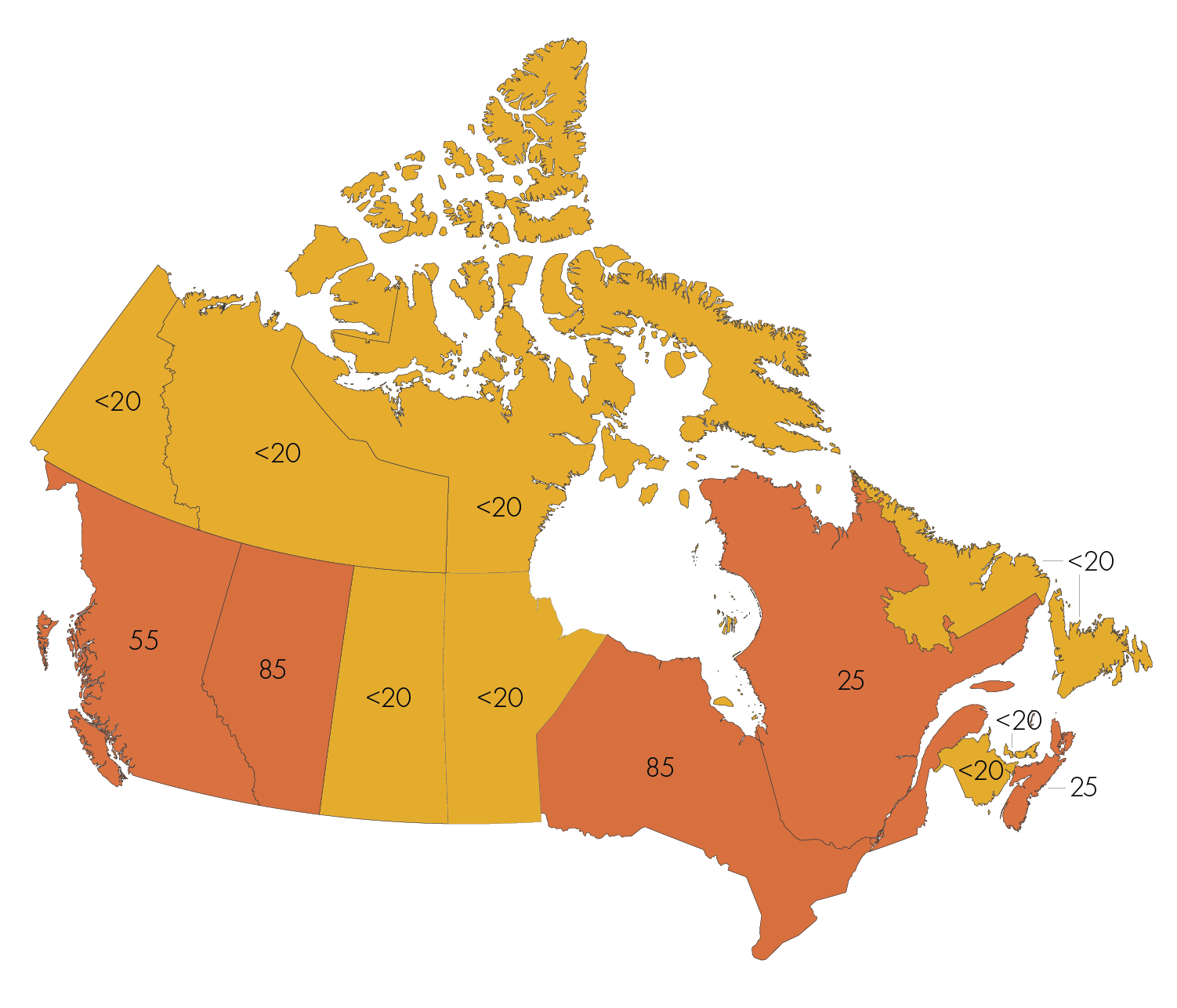 Map of Canada with numbers displayed over province and territories