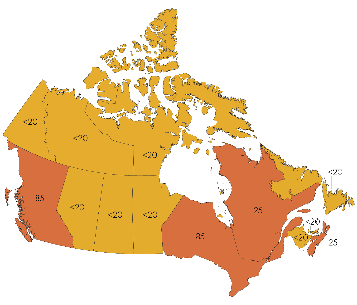 Map of Canada with numbers displayed over province and territories