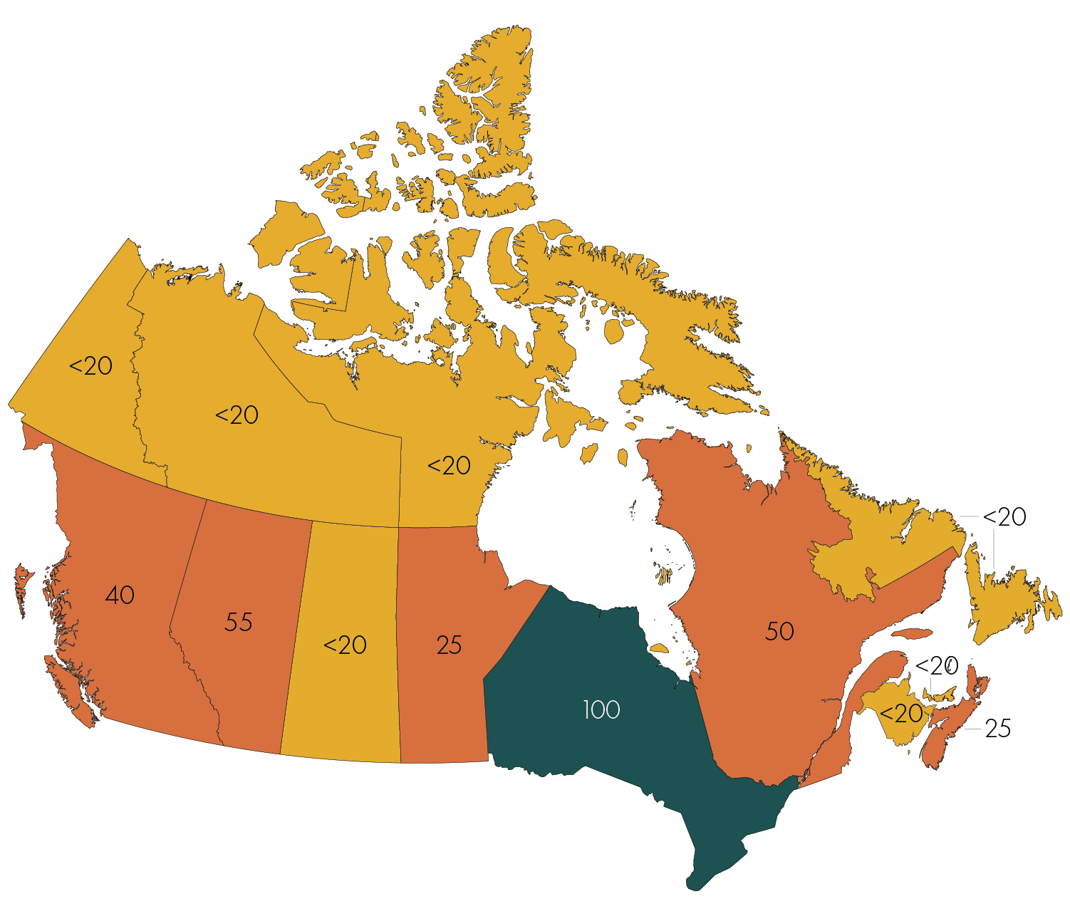 Map of Canada with numbers displayed over province and territories