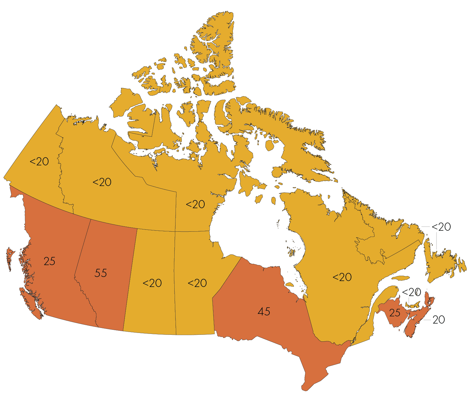 Map of Canada with numbers displayed over province and territories