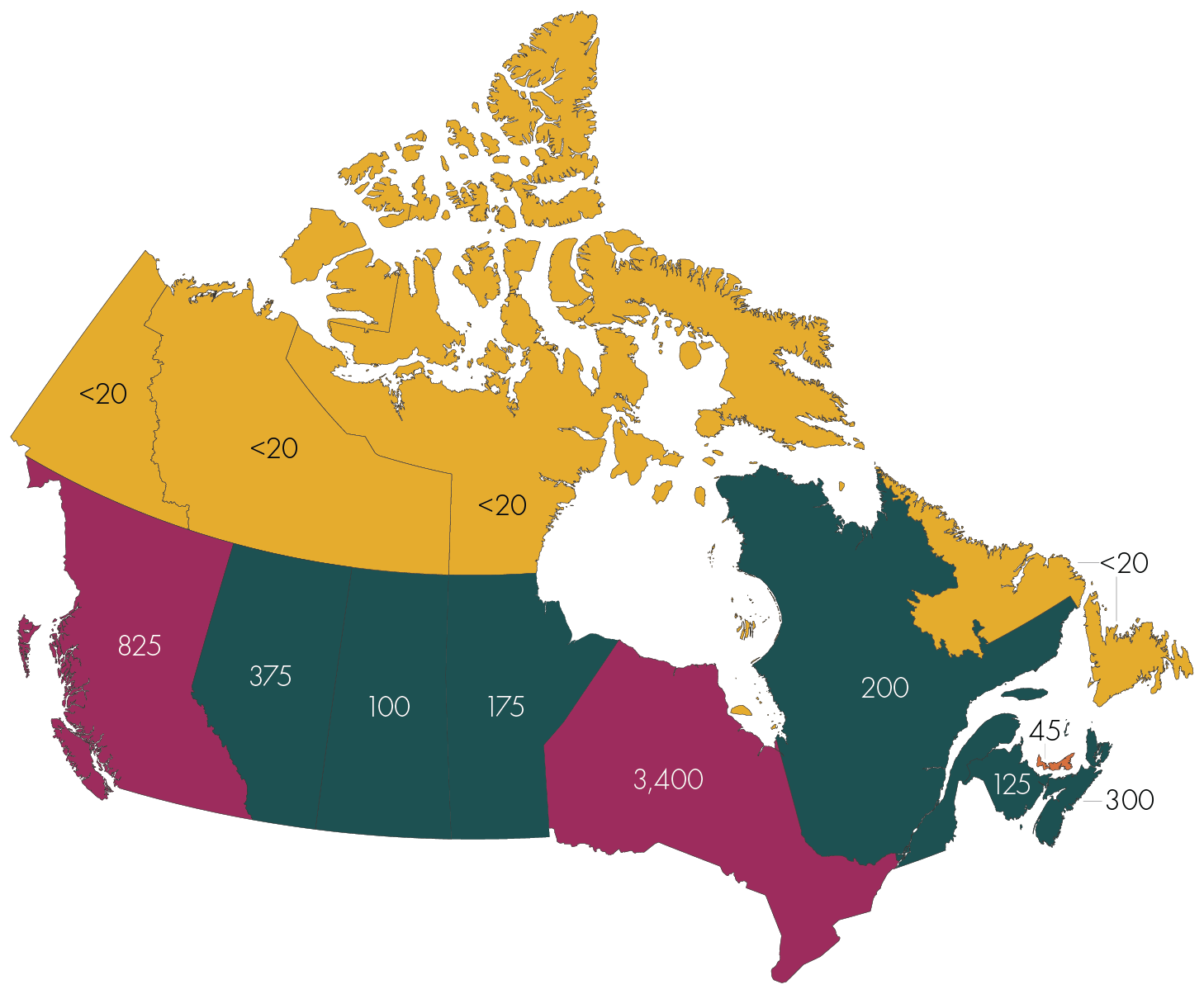 Map of Canada with numbers displayed over province and territories