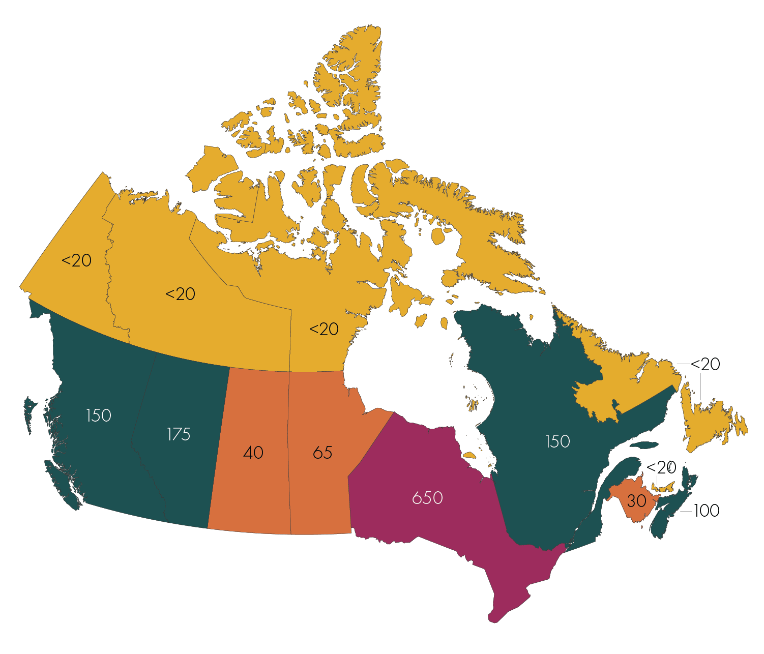 Map of Canada with numbers displayed over province and territories