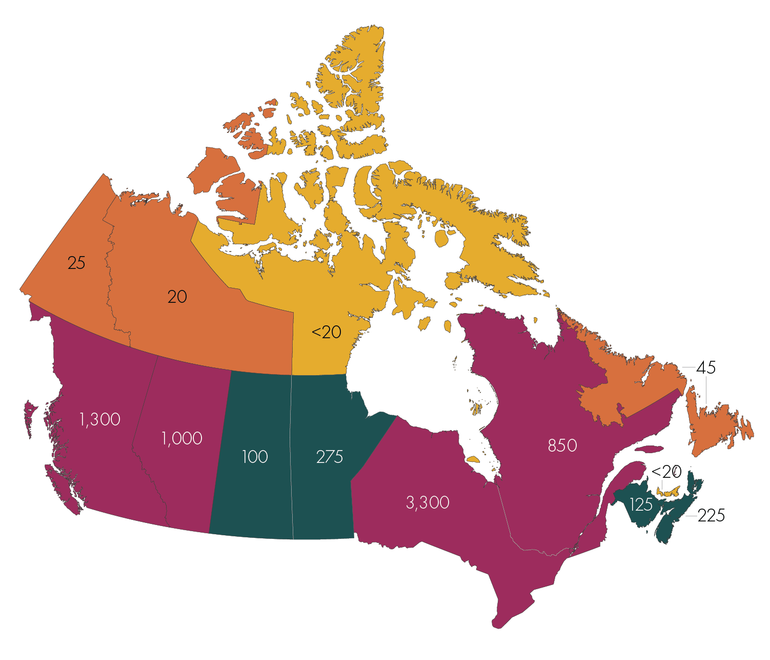 Map of Canada with numbers displayed over province and territories