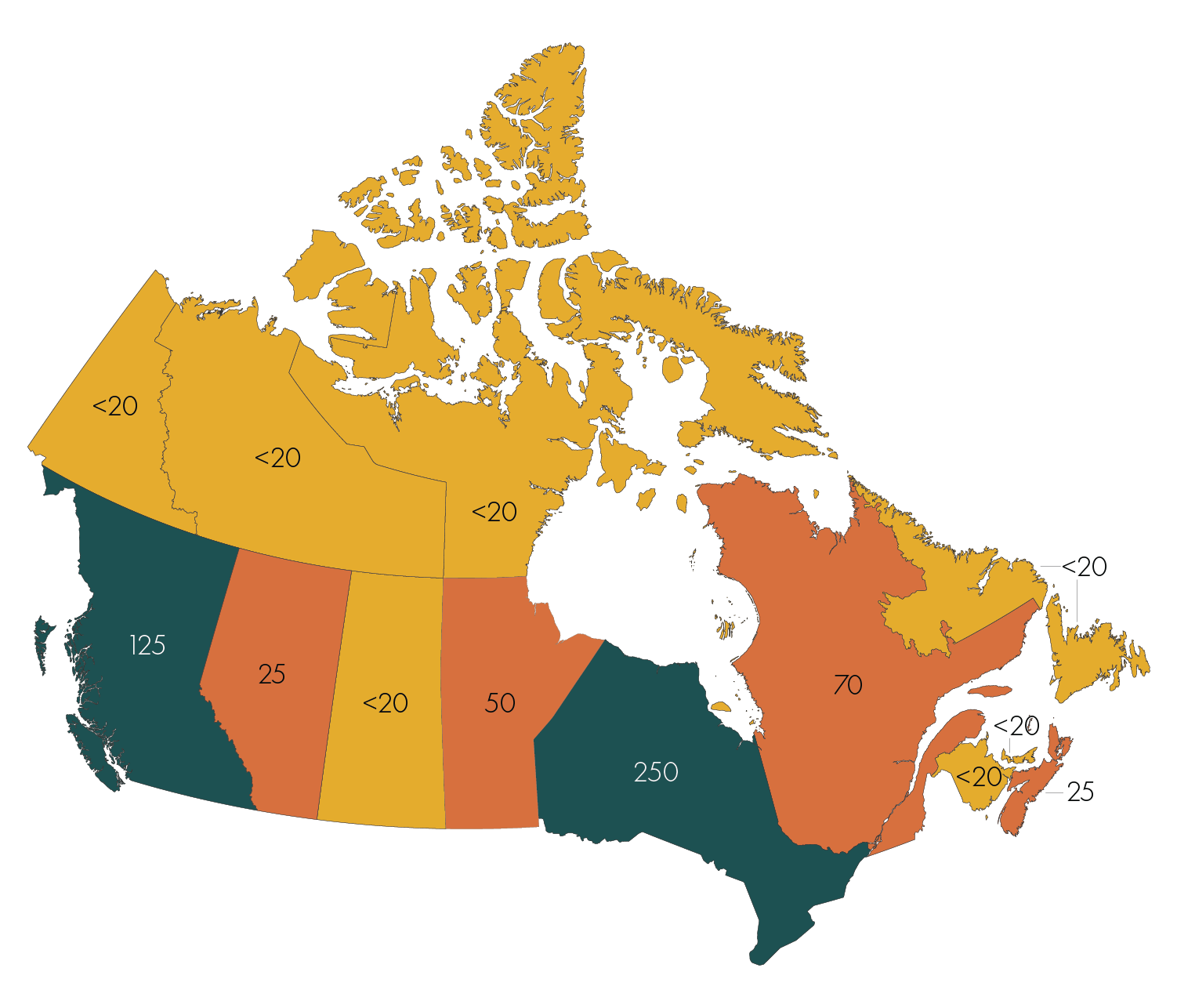 Map of Canada with numbers displayed over province and territories