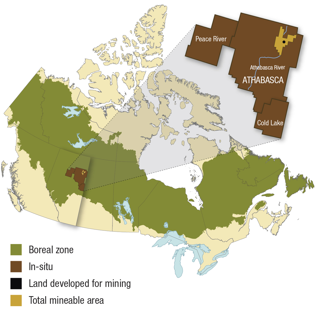 Map of Canada showing oil sands area