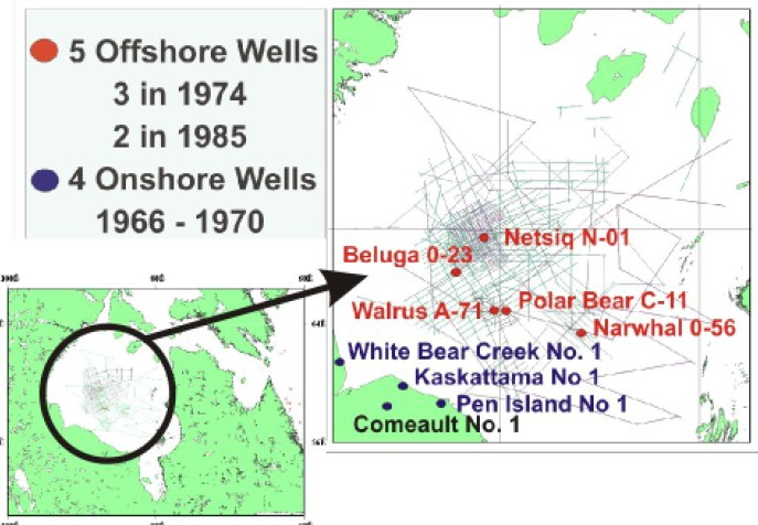 Image showing historical seismic coverage and well locations in the Hudson Bay Basin.