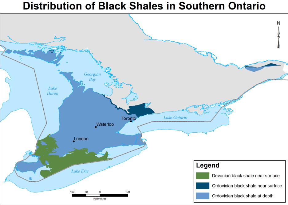 Figure 1: Map of the black shale deposits in southern Ontario.