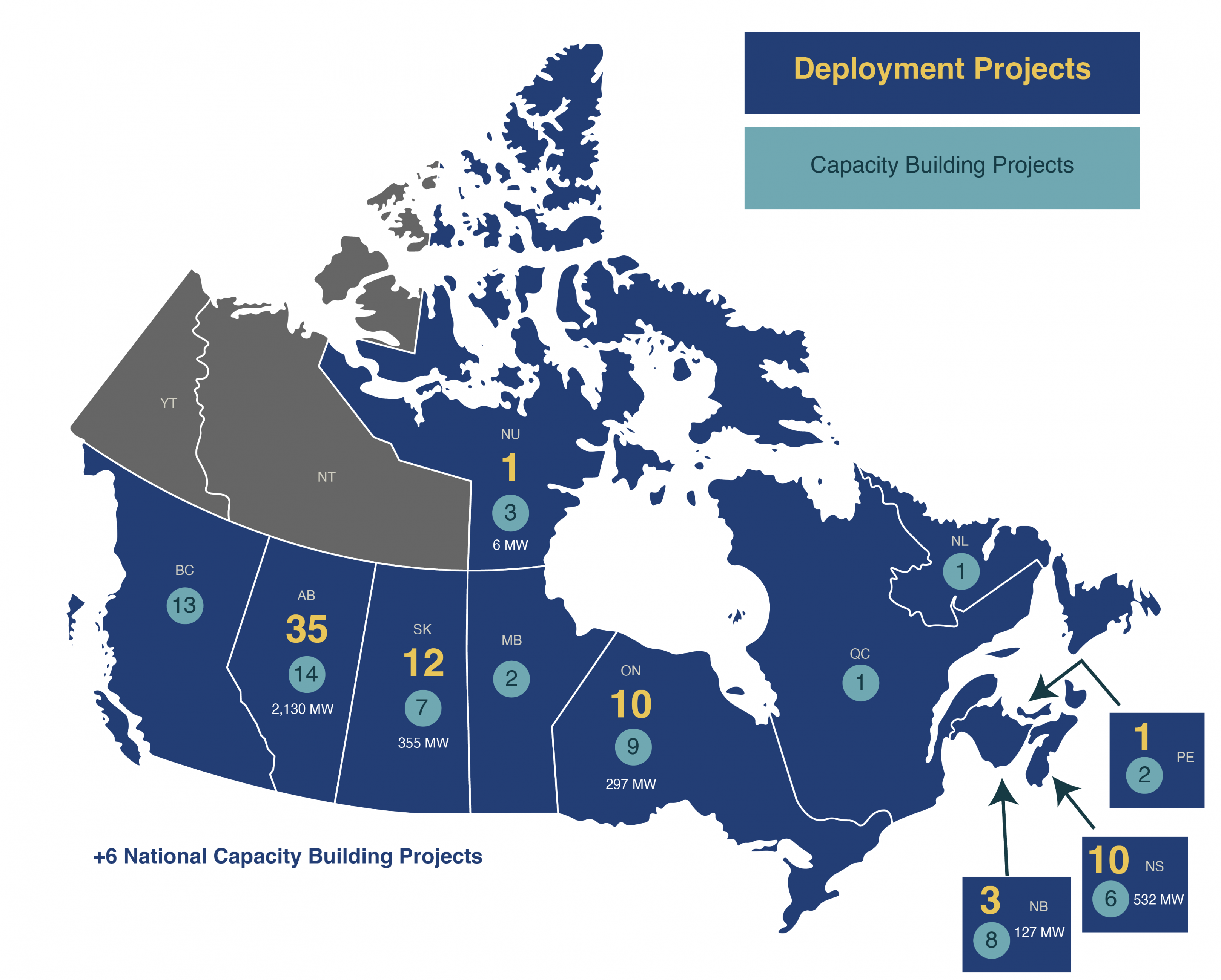 A map of canada showing locations of deployment and capacity building projects. Details follow