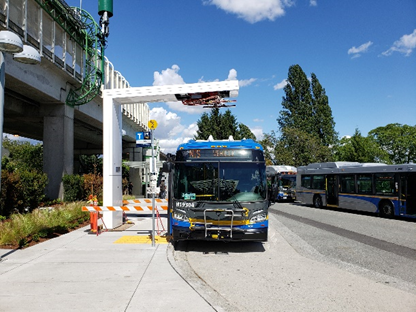 Bus parked underneath high powered charger canopy