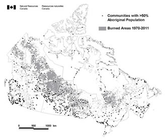 Map of Canada overlaying communities with greater than 50% Aboriginal population and burned areas from 1970 to 2011