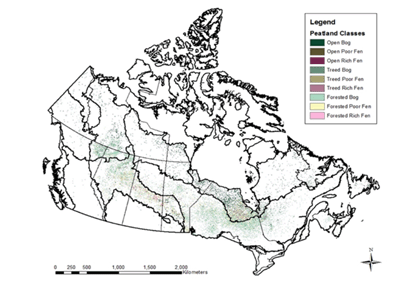 Map of Canada showing peatland types: open/forested bogs, rich/poor fens (treed/open), with locations marked by colors from legend