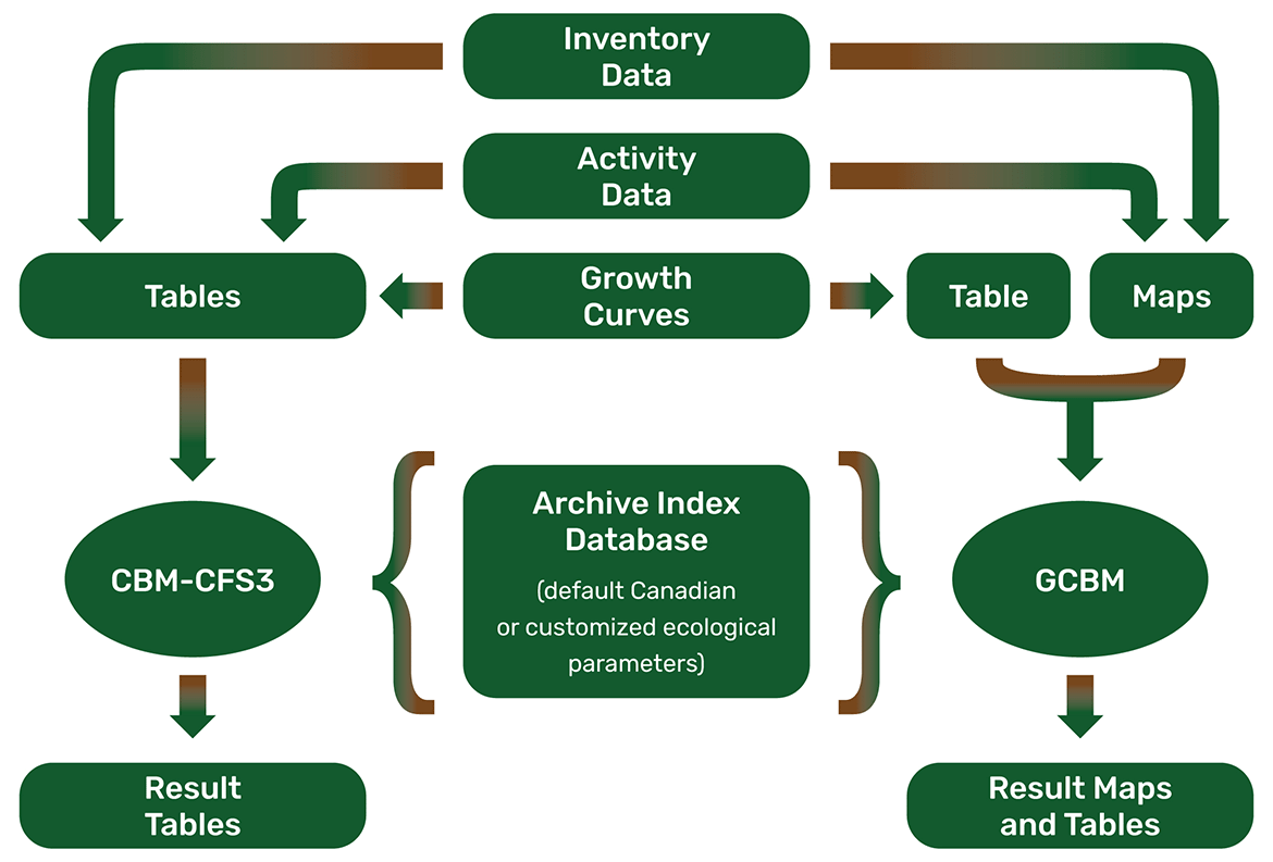 Diagram comparing the inputs and outputs of the CBM-CFS3 and the GCBM.