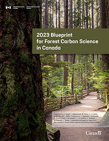 Cover page of the 2023 Blueprint for the Forest Carbon Science in Canada – nice path way in the forest with wooden fences