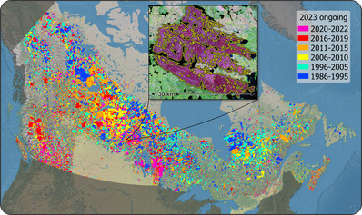 Small-scale map of Canada from the National Burned Area Composite showing areas impacted by wildland fire and an inset of the 30 metres resolution available.