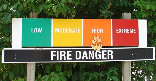 Roadside fire danger risk sign indicating the potential for wildland fire (low, moderate, high or extreme).