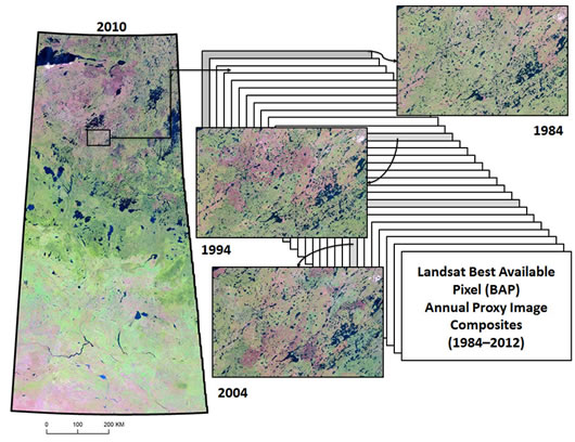 Combining and analyzing a stack of Landsat Best Available Pixel (BAP) annual proxy image composites (1984-2012