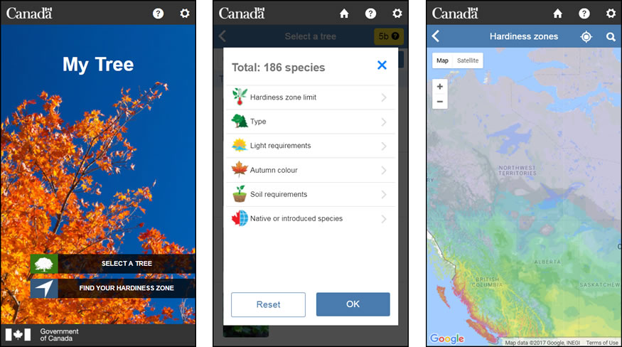 Three images of the app. The first shows the home screen, the second shows the menu with new icons, and the third shows a hardiness zone map.