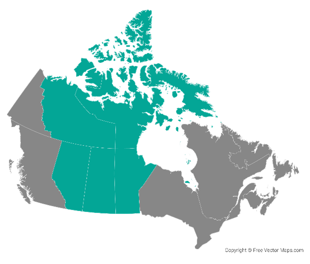 A grey map of Canada with Alberta, Saskatchewan, Manitoba, Northwest Territories and Nunavut highlighted in a teal blue colour.
