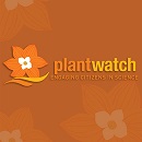 Image showing a background with a flowery pattern. The foreground shows an icon of a flower and the text: ”PlantWatch – Engaging citizens in science”.