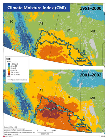 Figure 1 – Two maps, one showing the mean Climate Moisture Index drought in the aspen parkland between 1951 and 2000, and the other map showing the 2001–2002 drought in the same region.