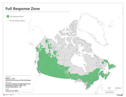 Map showing Canada’s Full Response Zone indicating the area in which all wildland fires are actively suppressed.
