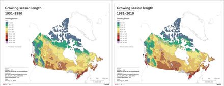 Two maps showing growing season length (days) in Canada, one  between 1951 and 1980, and the other between 1981 and 2010