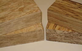A cross-section of a piece of oriented strand lumber  beside a cross-section of parallel strand lumber.