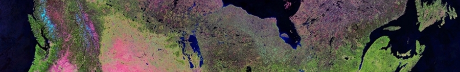 Composite satellite image of Canada at 250-metre resolution from Vancouver Island to Newfoundland on dark background