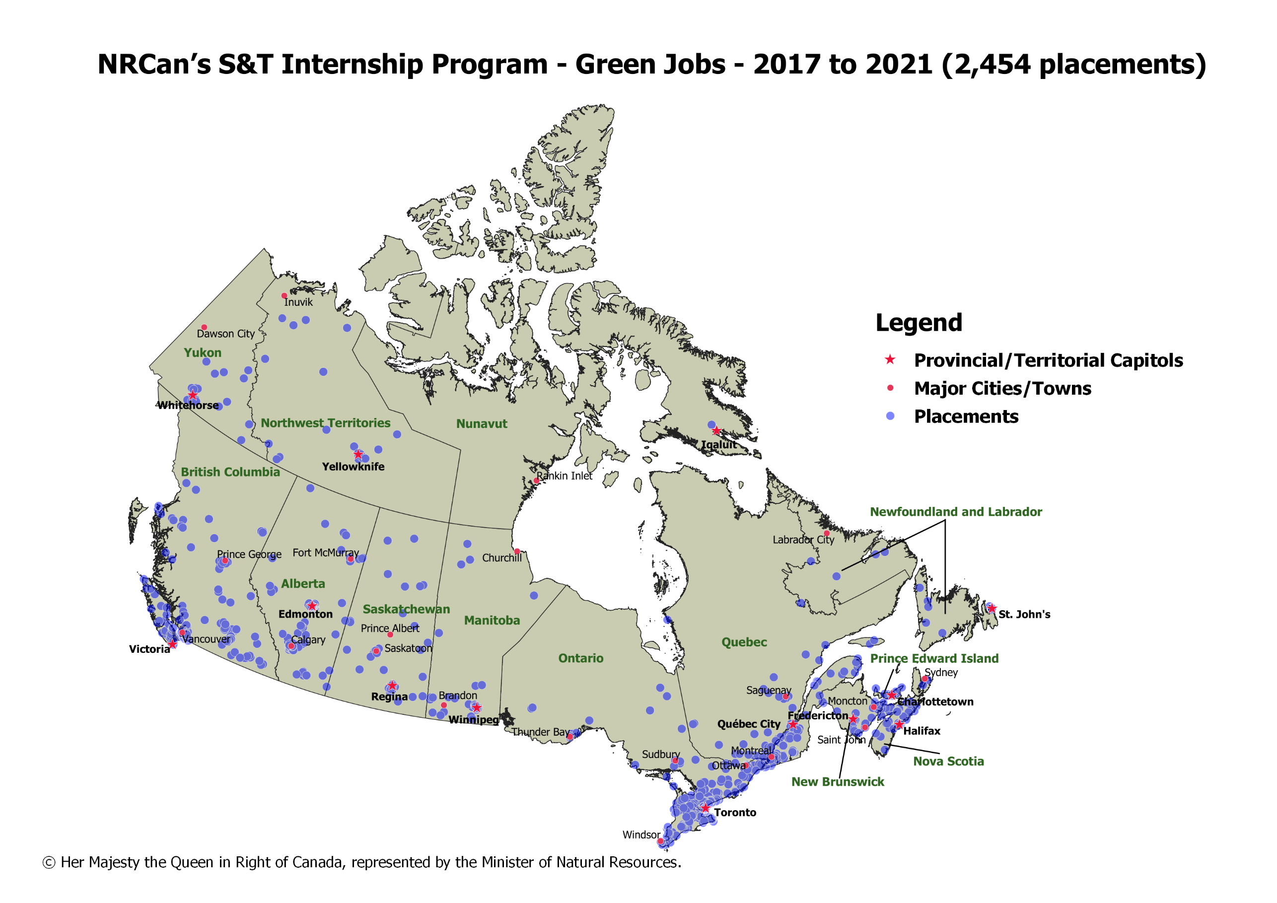 Map of Canada showing NRCan Green Job Placements under the Science and Technology Internship Program