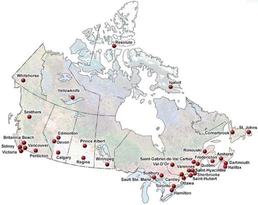 Map locating NRCan offices and laboratories in Canada.