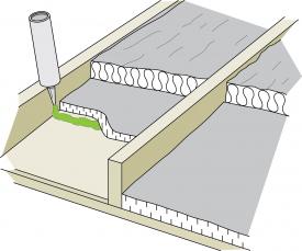 Figure 5-10 Foam board laid between the joists and caulked as an air and vapour barrier