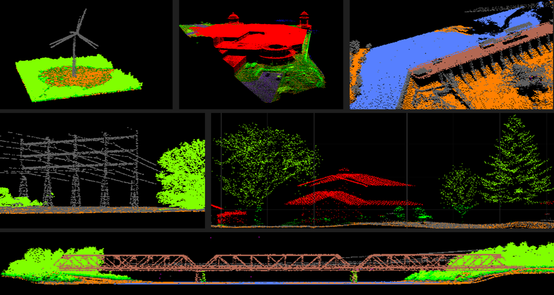 3D visuals of point clouds depicting various features: buildings, wind turbine, a dam, hydro lines, trees,and a bridge.