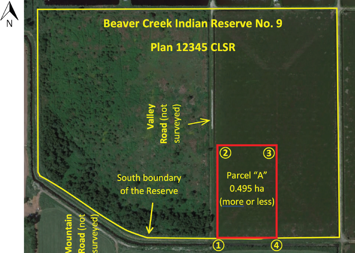 Prepared textual description showing a Google Earth image annotated with linework from SGB's Canada Lands overlay and additional text