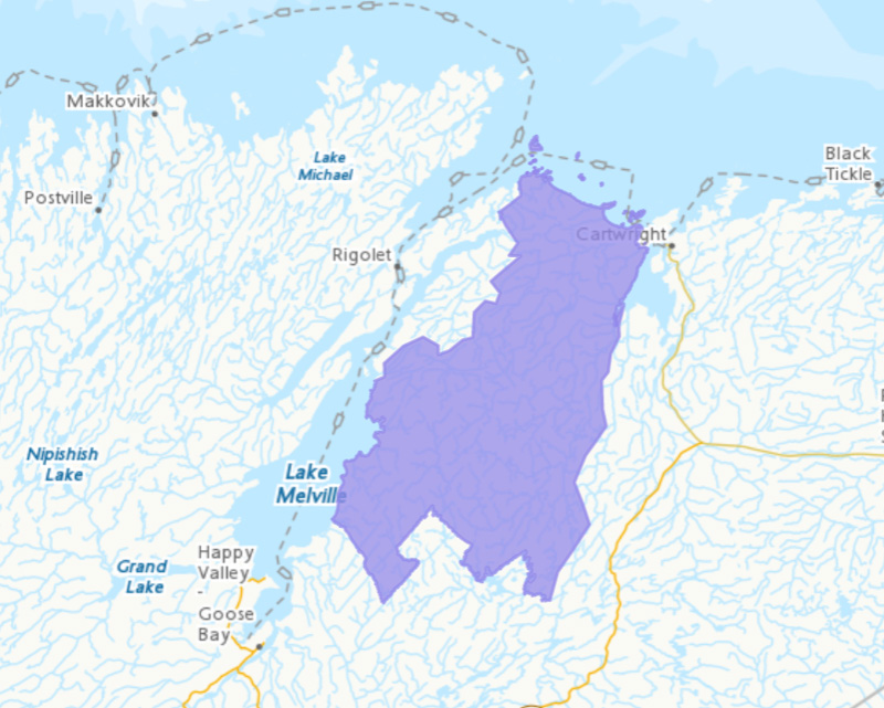 Map location of Akami-Uapishkᵁ-KakKasuak in Newfoundland and Labrador.